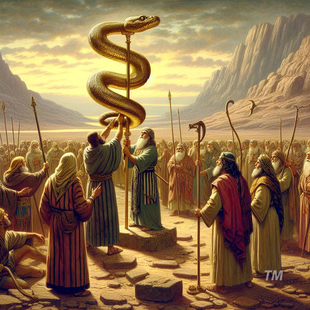 Moses as directed by God builds a copper snake and mounts it on a pole. The Hebrews are told to look at it.