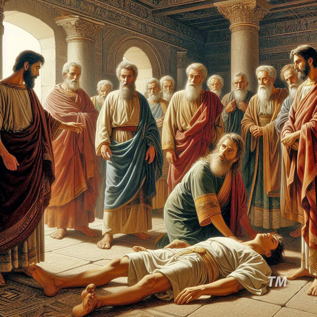 Ananias falls dead when confronted by Peter that he lied