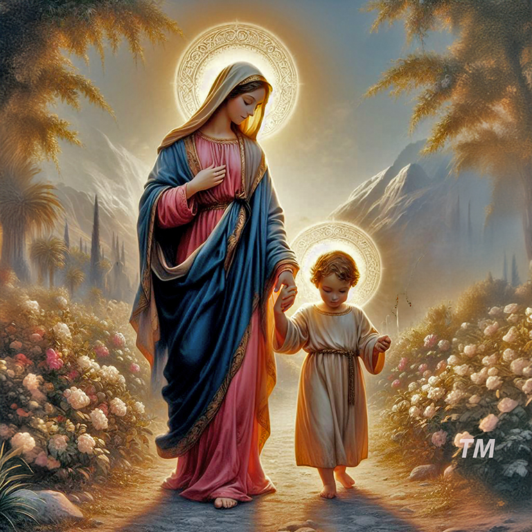 Mother Mary walks toddler Jesus as God looks on from above.