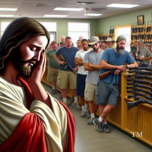 Jesus cries at a gun shop