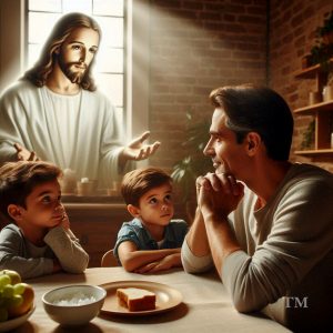 Hispanic father and sons at table with Jesus